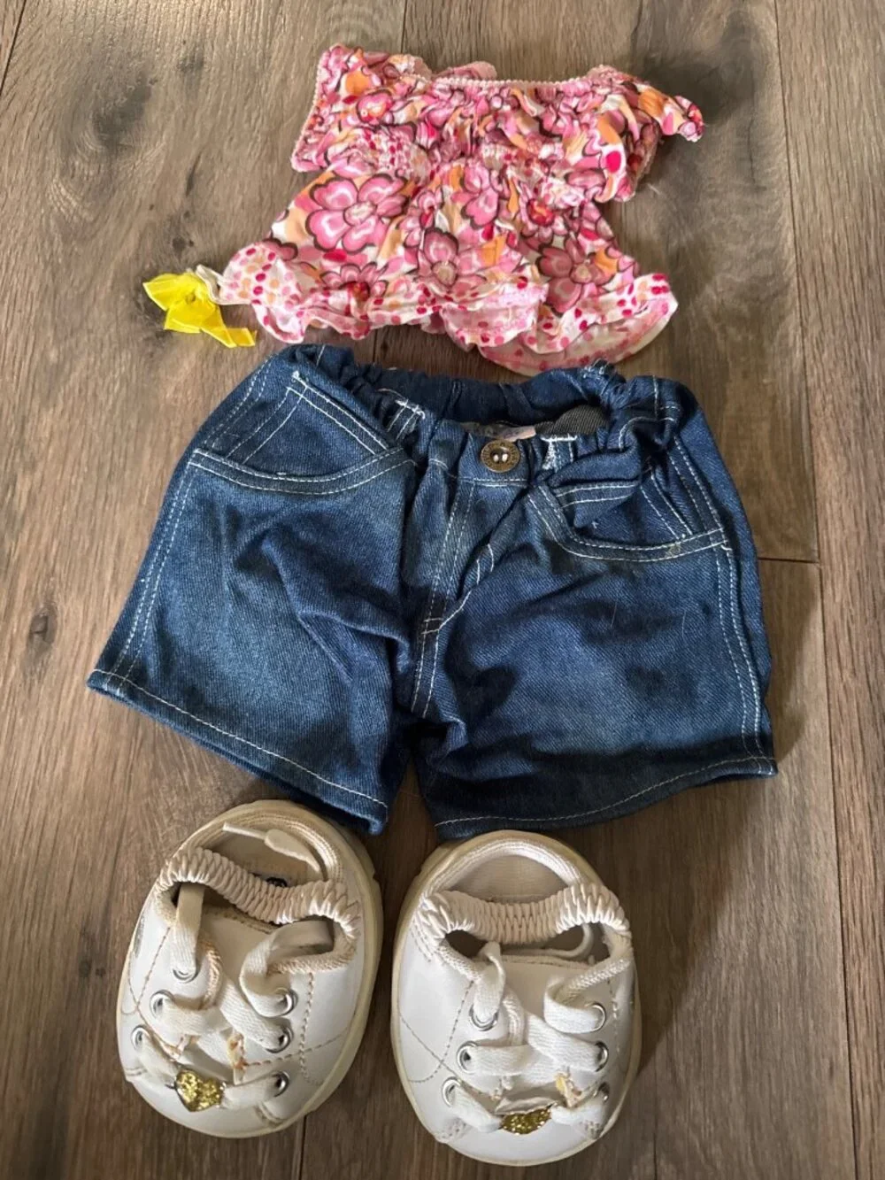 Build-A-Bear Workshop Doll Outfit Set With Pink Floral Top Denim Shorts & White